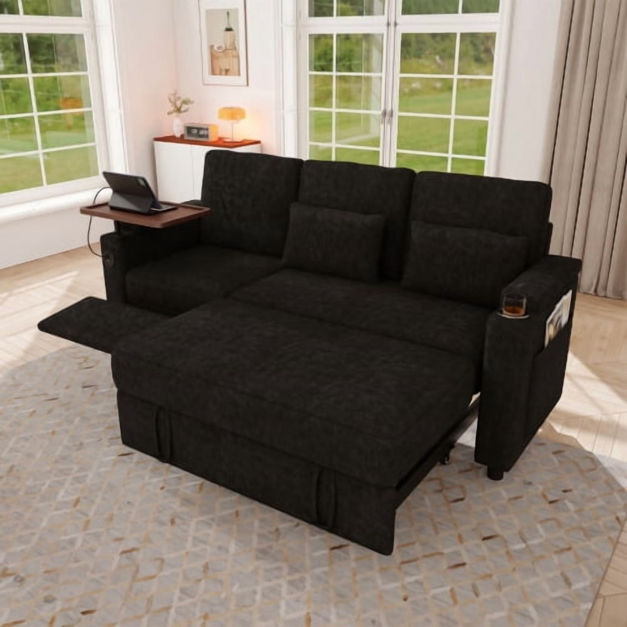 81" 3-in-1 Convertible Sofa Bed, Electric Recliner & Sleeper with Table, USB Ports, Storage Armrests, Chenille, 6 Adjustable Positions, Black