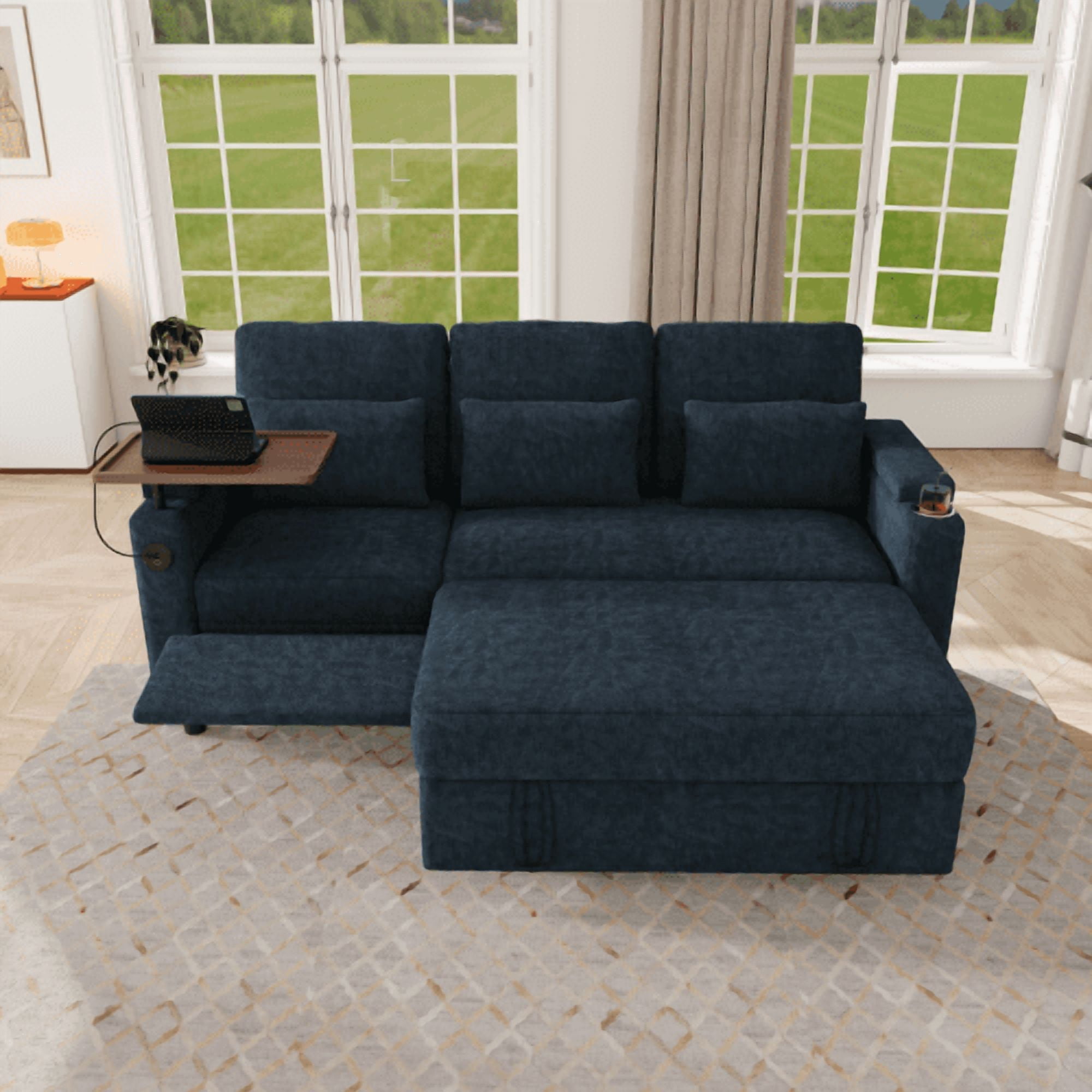 81" 3-in-1 Convertible Sofa Bed, Electric Recliner & Sleeper with Table, USB Ports, Storage Armrests, Chenille, 6 Adjustable Positions, Blue