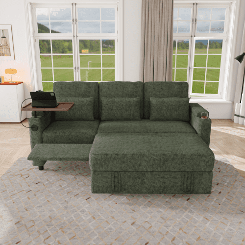 81" 3-in-1 Convertible Sofa Bed, Electric Recliner & Sleeper with Table, USB Ports, Storage Armrests, Chenille, 6 Adjustable Positions, Green
