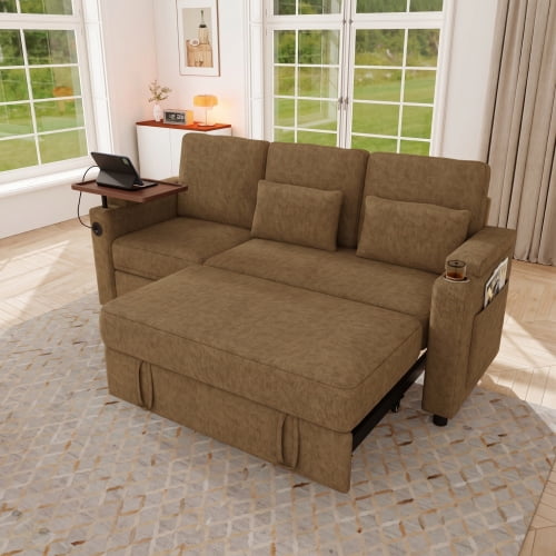81" 3-in-1 Convertible Sofa Bed, Electric Recliner & Sleeper with Table, USB Ports, Storage Armrests, Chenille, 6 Adjustable Positions, khaki