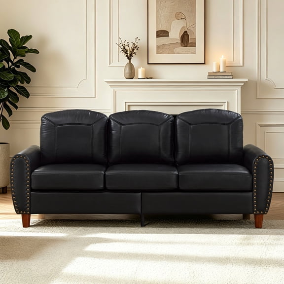 81.5" Classic Faux Leather Sofa Couch Rolled Arm Upholstered PU Leather Living Room Sofa with Solid Wood Legs, 3 Seater Couch for Home Office, Black