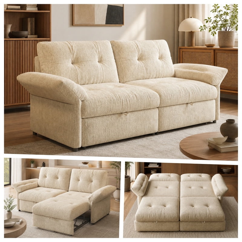 81.5" Convertible Sofa Bed, 2-in-1 Sleeper Sofa with Plush Chenille Fabric, High-Resilience Foam, Solid Wood Frame, Chenille Sofa Couch for Living Room, Guest Room, Apartment