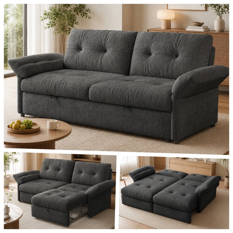 81.5" Convertible Sofa Bed, 2-in-1 Sleeper Sofa with Plush Chenille Fabric, High-Resilience Foam, Solid Wood Frame, Chenille Sofa Couch for Living Room, Guest Room, Apartment