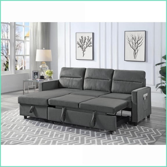 81.5” Dark Gray Velvet Modern Reversible Sleeper Sectional Sofa with Storage Chaise & Side Pocket | Dark Gray | Velvet | Square Arms