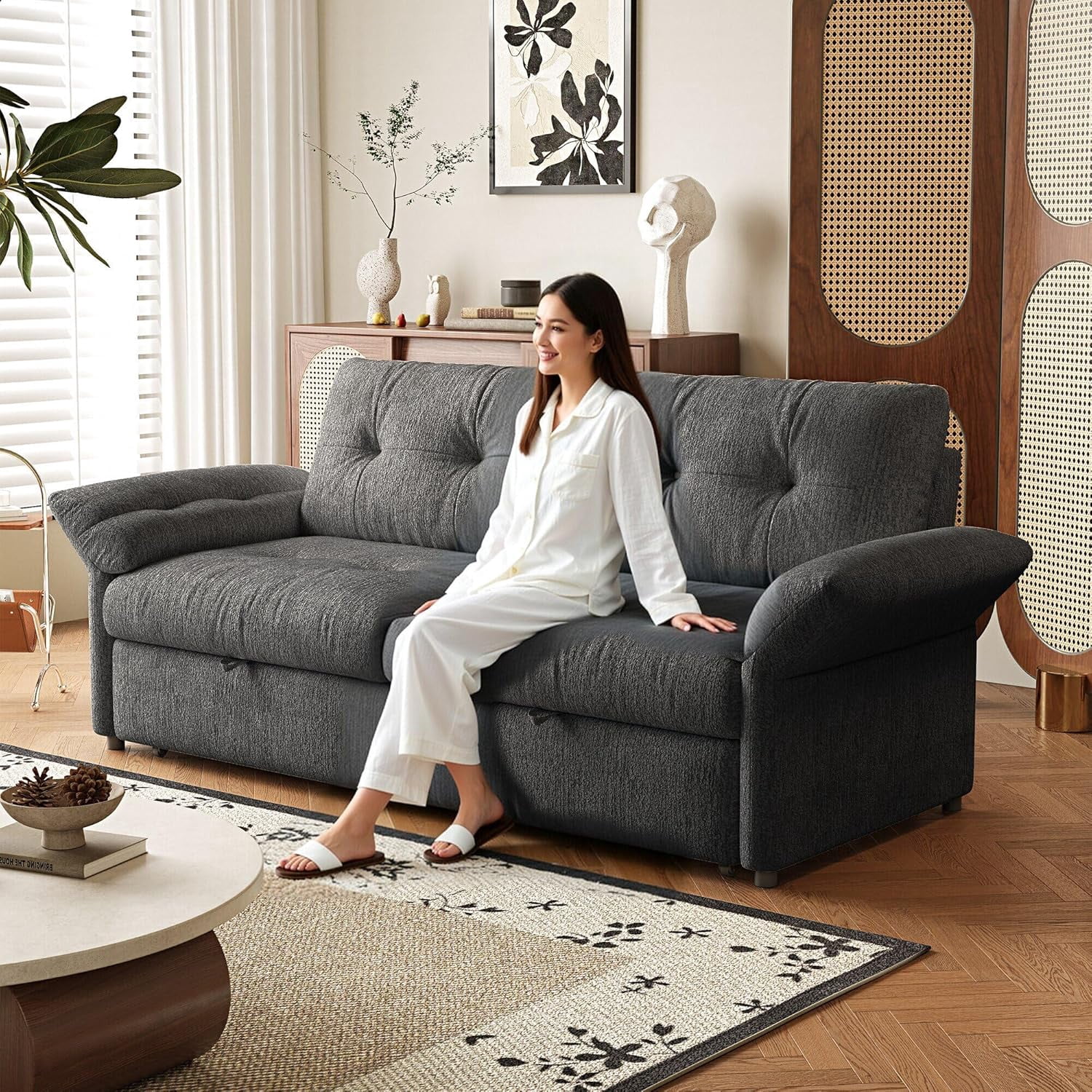 81.5'' Full Sleeper Sofa, Pre-Assembled, Chenille Pull Out Couches Bed, 3-in-1 Convertible Sofa, Adjustable Backrest, Small Loveseat for Small Space, Living Room, Apartment, Chenille Grey