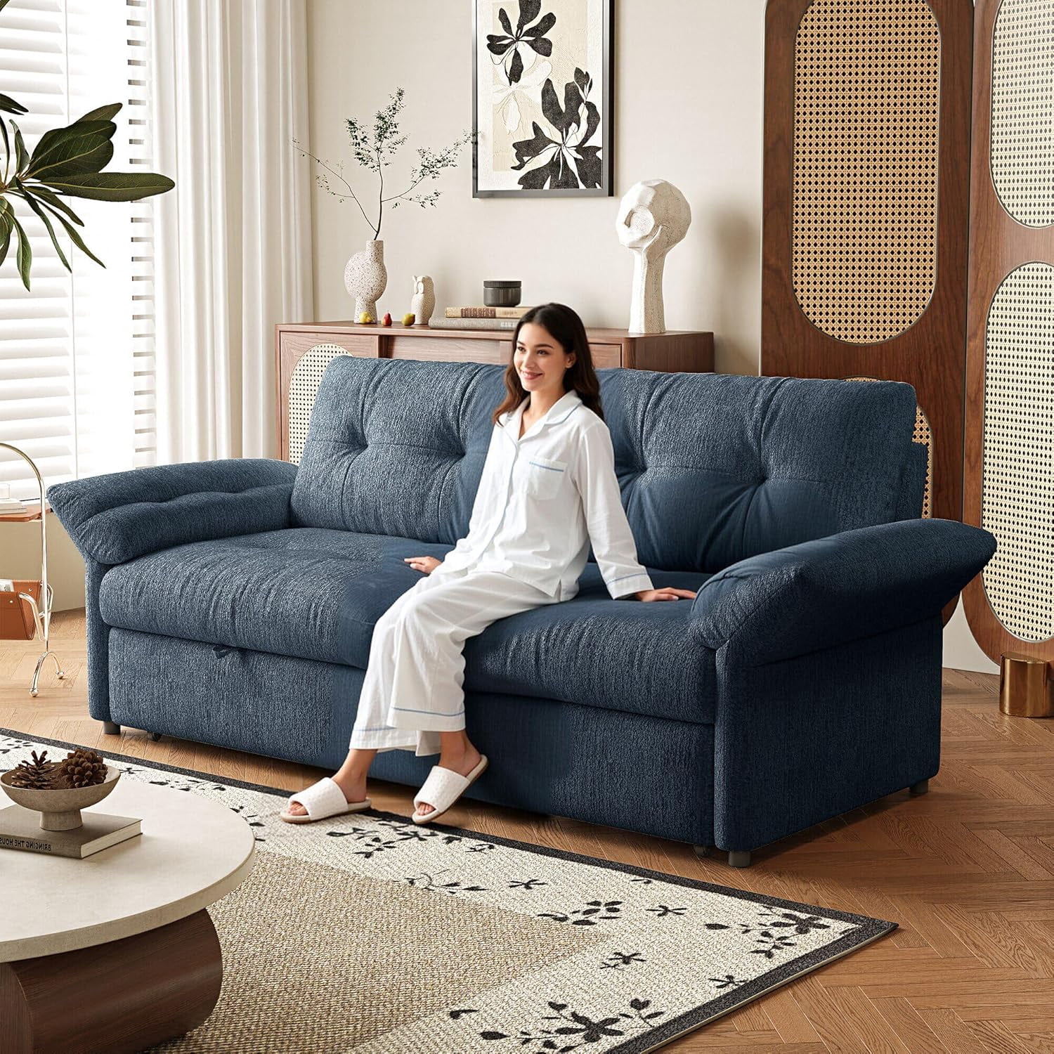 81.5'' Full Sleeper Sofa, Pre-Assembled, Chenille Pull Out Couches Bed, 3-in-1 Convertible Sofa, Adjustable Backrest, Small Loveseat for Small Space, Living Room, Apartment, Chenille Blue