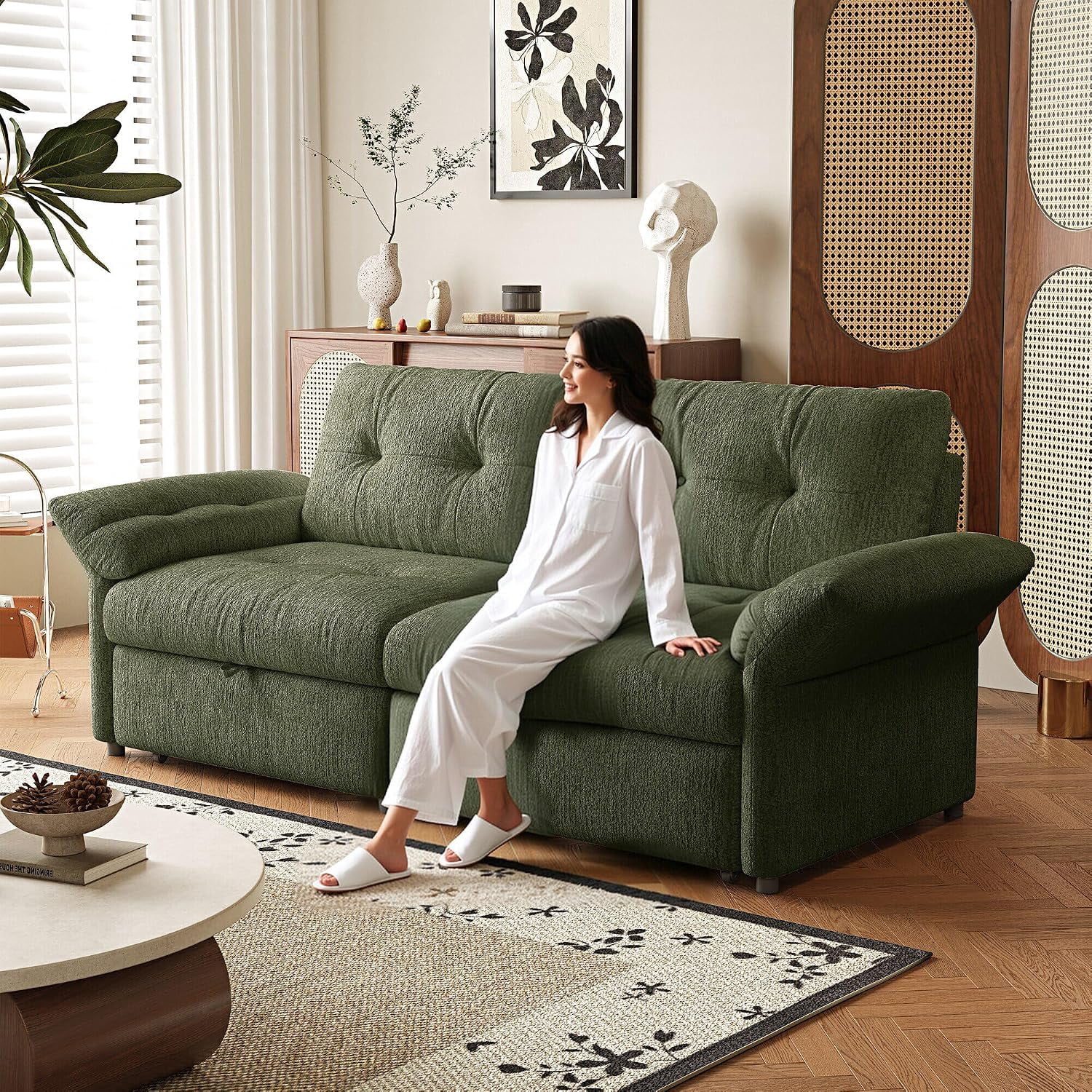 81.5'' Full Sleeper Sofa, Pre-Assembled, Chenille Pull Out Couches Bed, 3-in-1 Convertible Sofa, Adjustable Backrest, Small Loveseat for Small Space, Living Room, Apartment, Chenille Green