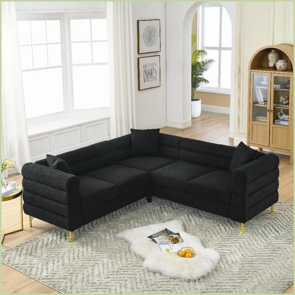 81.5-Inch 5-Seater L-Shaped Sectional Sofa - Light Luxury Teddy Fabric Corner Couch with Pillows for Living Room & Apartment | Black | Teddy | Cushion Back