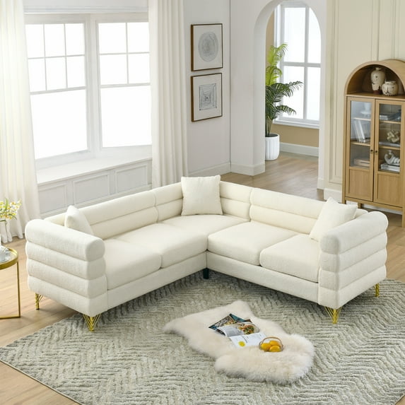81.5" Sectional Couch, Teddy L Shaped Sofa with Soft Seat Cushion and 3 Pillows, 5 Seat Corner Couch with Gold Legs for Living Room, Bedroom, Apartment, Office, White