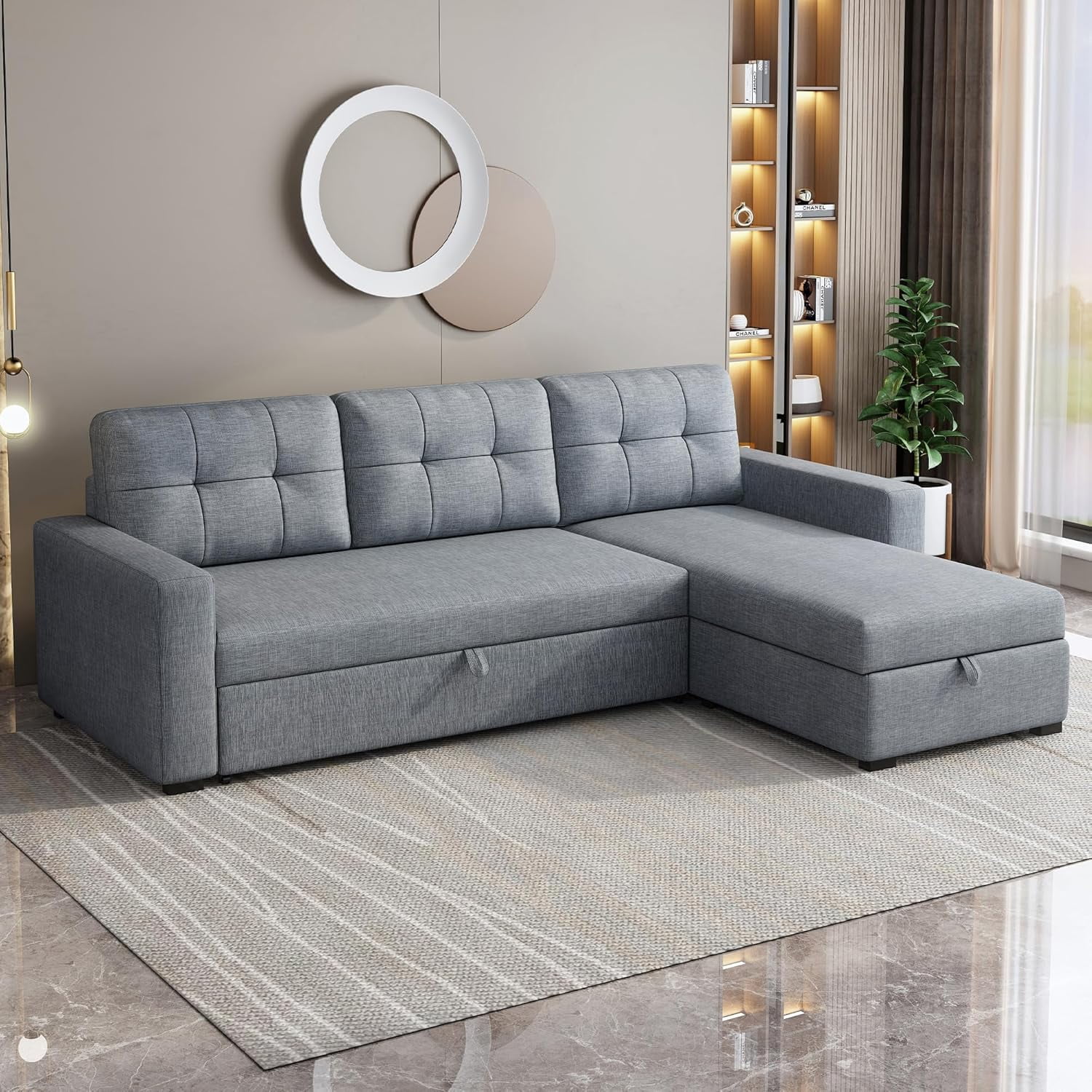 81.5" Sectional Sleeper Sofa with Storage Chaise, L Shaped Pull Out