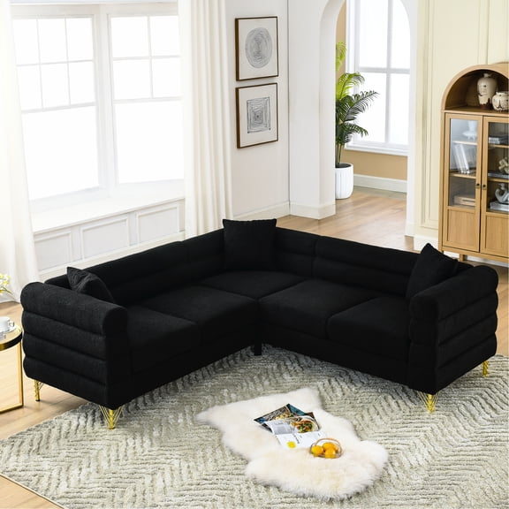 81.5-inch L-shaped Sectional, 5 For Living Room & More. Modern Streamline Design With Long Horizontal Lines. Solid Wood Metal Construction. Material, Foam Fill. 3 Pillows, 250 Lbs/seat Capacity.