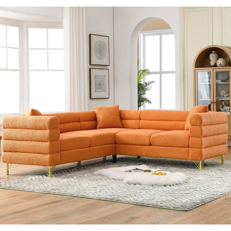 81.5-inch L-shaped Sectional Couch, 5 Corner For Different Rooms. Streamline Modern Outlook With Curved Lines And Extended Horizontal Characteristics. Solid Wood Metal Build. 3 Cushions Pillows.