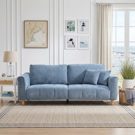87.2 inch Mid-Century Modern 3-Seater Linen Fabric Couch with Vertical Channel Tufting and 2 Pillows,Blue