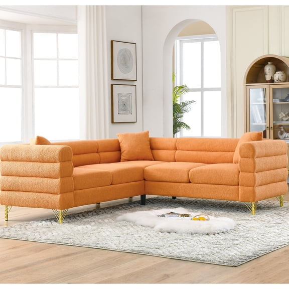 81.5-inch Oversized Sectional , 5 L-shaped Corner Couch For Home. Modern Streamline Style With Gentle Bends And Long Lines. Solid Wood Frame Metal Legs. 3 Cushions Pillows. Orange Color. 250 Lbs Per