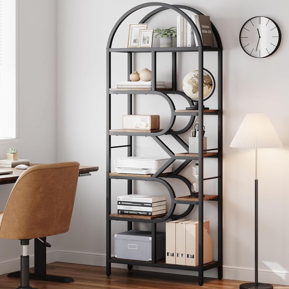 81.7" Tall 6-Tier Arched Bookshelf with Geometric Metal Frame Modern Open Storage Display Rack for Bedroom Living Room Home Office, Black