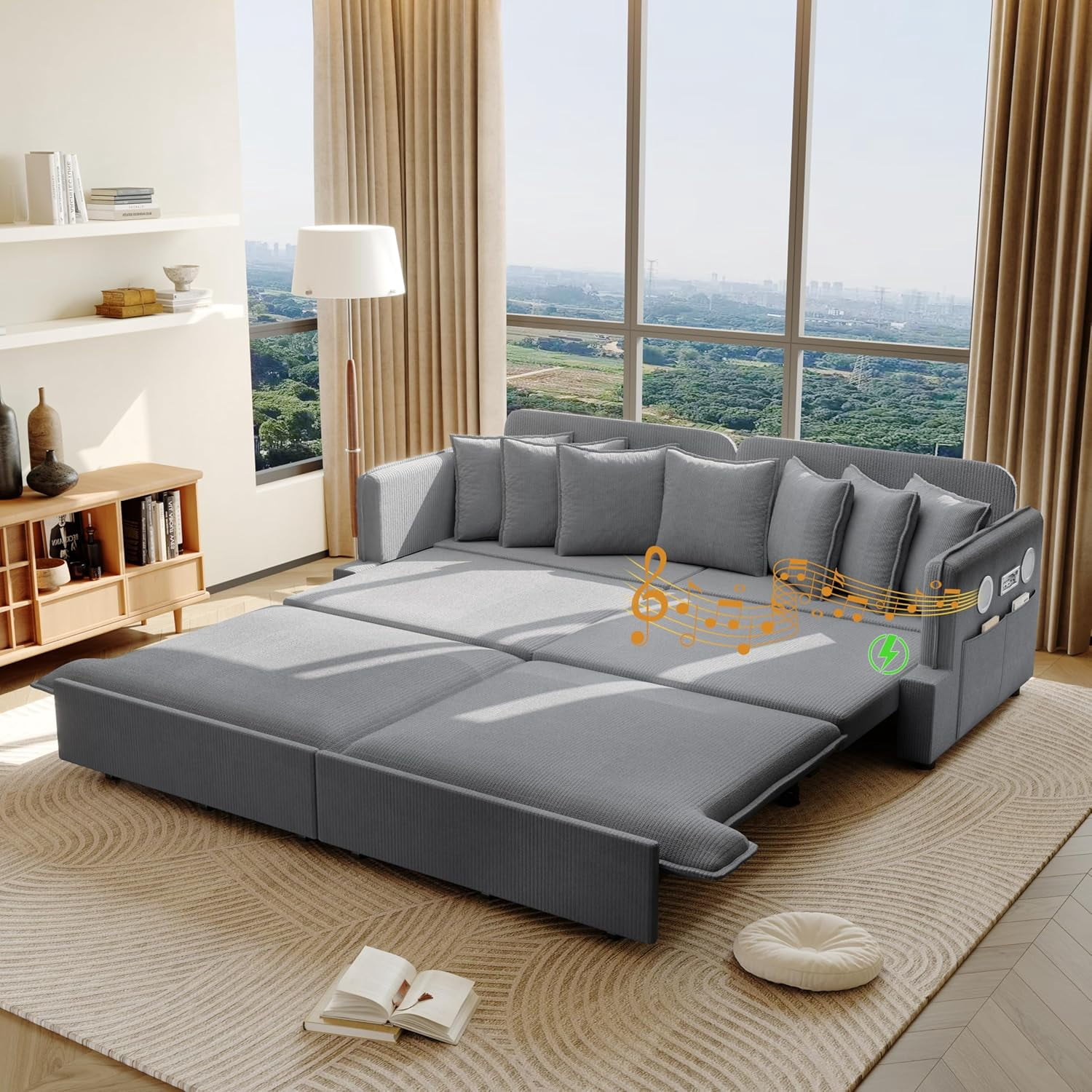 81.8" Pull-Out Couch King Size, Corduroy Sleeper Sofa Bed, 3 in 1 Convertible Couch with Bluetooth Speaker, 2 USB Ports, 6 Pillows & Side Pockets, for Living Room, Apartment, Office, Gray