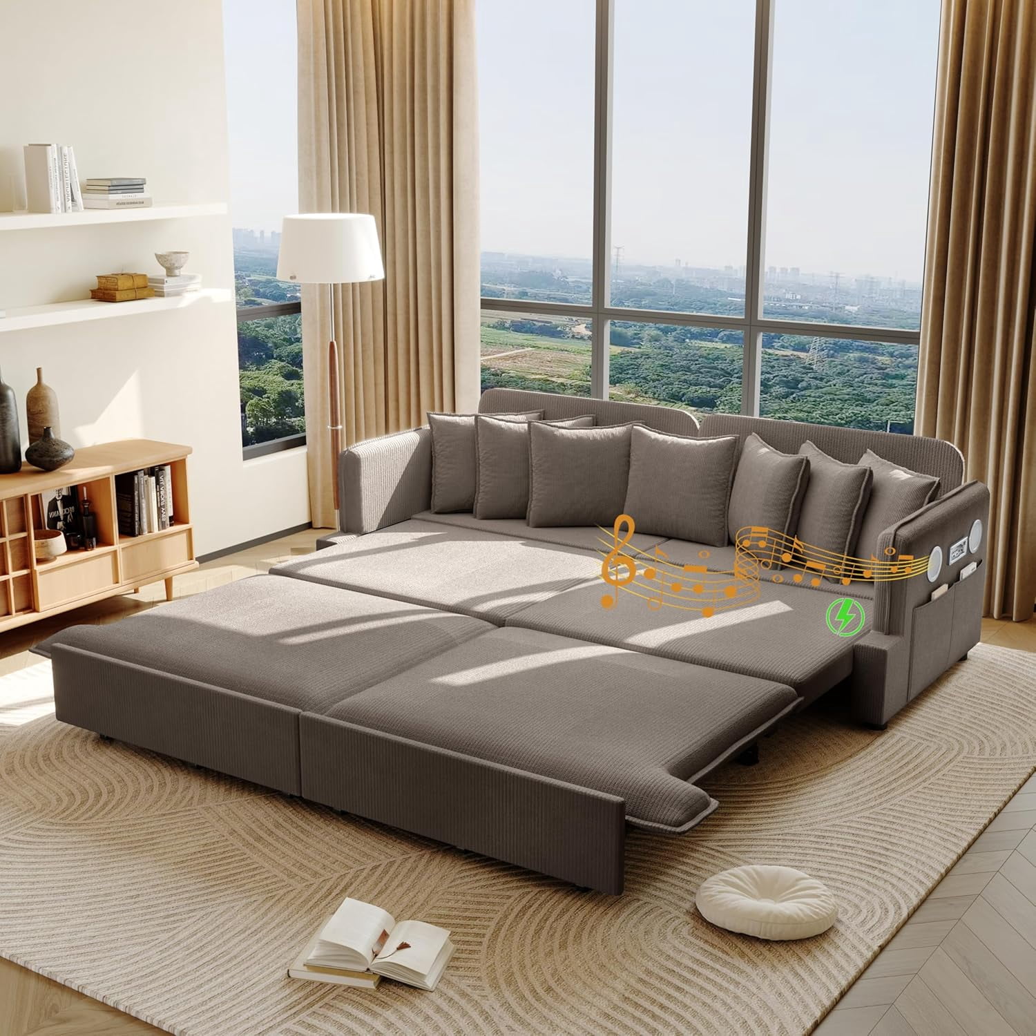 81.8" Pull-Out Couch King Size, Corduroy Sleeper Sofa Bed, 3 in 1 Convertible Couch with Bluetooth Speaker, 2 USB Ports, 6 Pillows & Side Pockets, for Living Room, Apartment, Office, Brown
