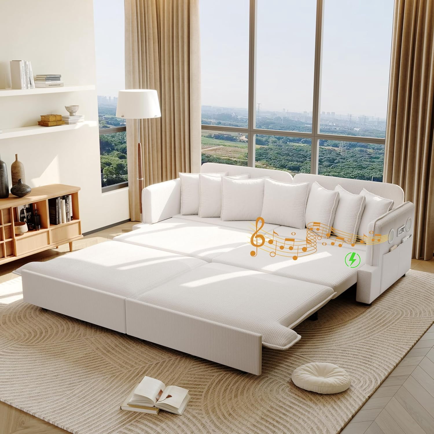 81.8" Pull-Out Couch King Size, Corduroy Sleeper Sofa Bed, 3 in 1 Convertible Couch with Bluetooth Speaker, 2 USB Ports, 6 Pillows & Side Pockets, for Living Room, Apartment, Office, Beige