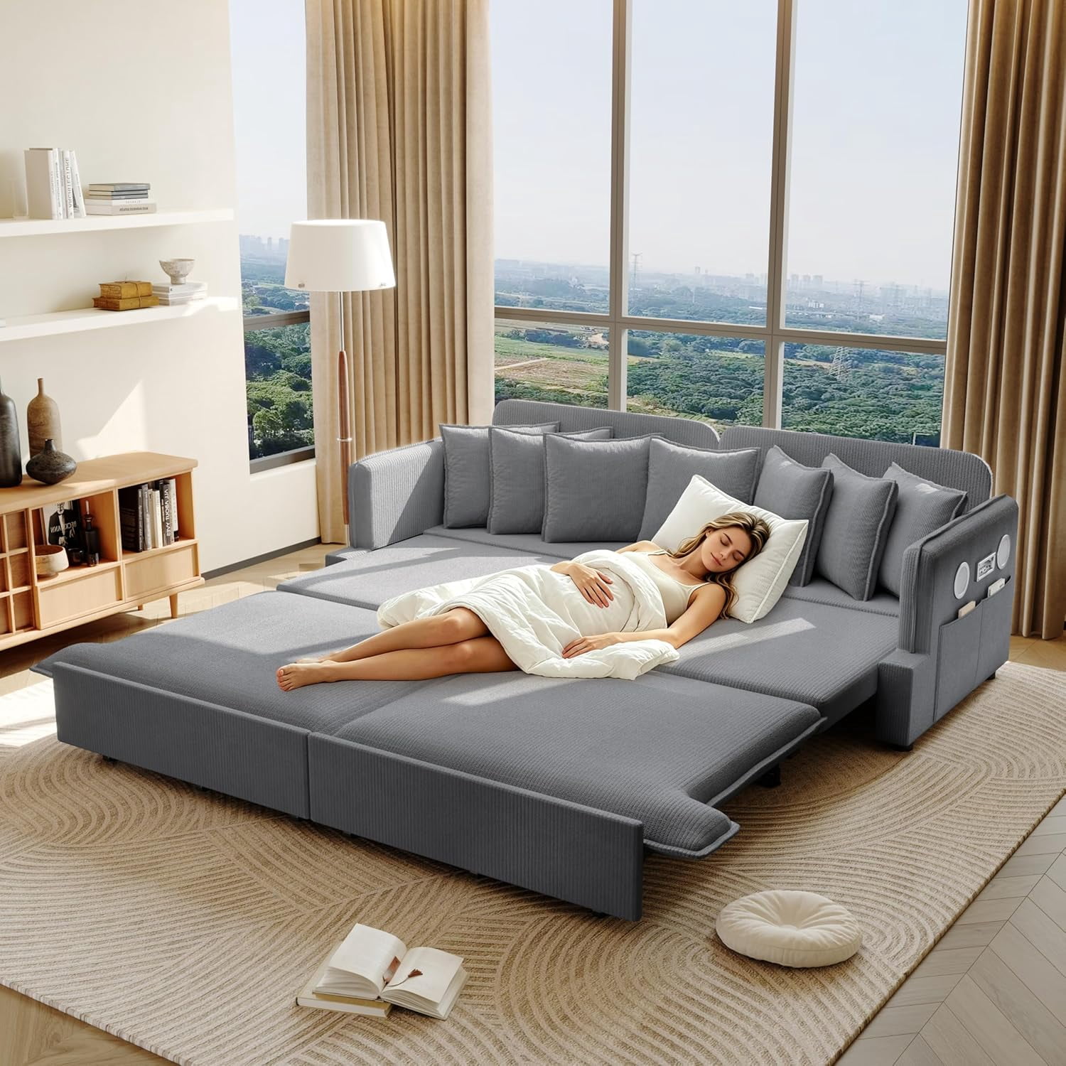 81.8" Pull Out Sofa Bed King Size, 3-in-1 Corduroy Convertible Sleeper Couch with Bluetooth Speakers, USB Ports, 6 Pillows, Side Pockets, for Apartment, Living Room, Small Spaces, Gray