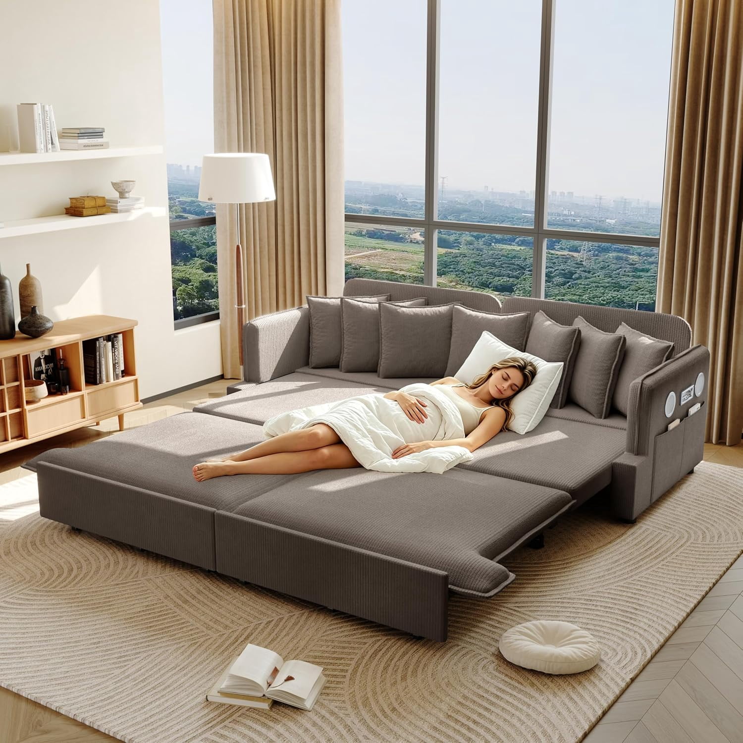 81.8" Pull Out Sofa Bed King Size, 3-in-1 Corduroy Convertible Sleeper Couch with Bluetooth Speakers, USB Ports, 6 Pillows, Side Pockets, for Apartment, Living Room, Small Spaces, Brown