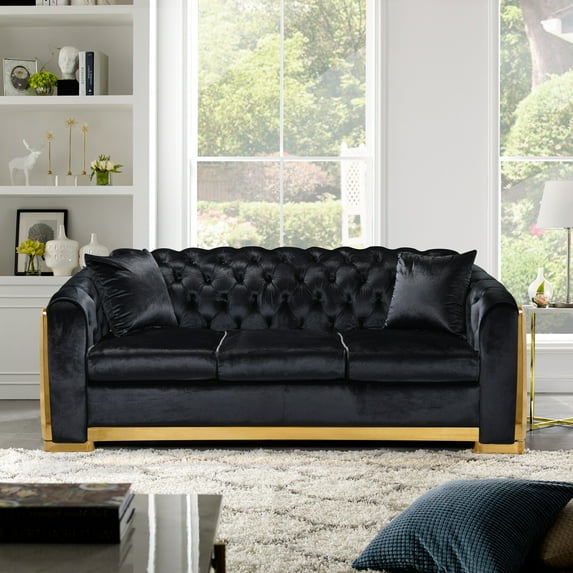81.8"W Chesterfield Sofa, Velvet 3 Seat Couch with Button Tufted Decor and Gold Stainless Legs, Luxury Black Couch for Living Room, Office
