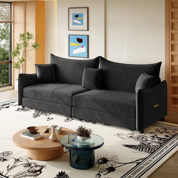 81.9" King 3-in-1 Convertible Pull Out Sofa Bed - Modern Velvet 3-Seater Couch with 3 Pillows & Golden Accent, for Small Space Living Room Apartment,Black