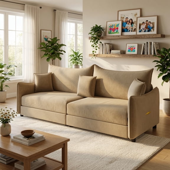 81.9" King Pull Out Sofa Bed, 3-in-1 Convertible Sleeper Couch, Velvet 3-Seat with 3 Pillows, Compact Small Space Sofa, Camel