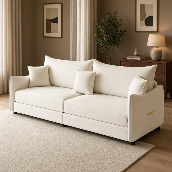 81.9" King Pull Out Sofa Bed, 3-in-1 Convertible Velvet Couch with 3 Pillows, Beige+White