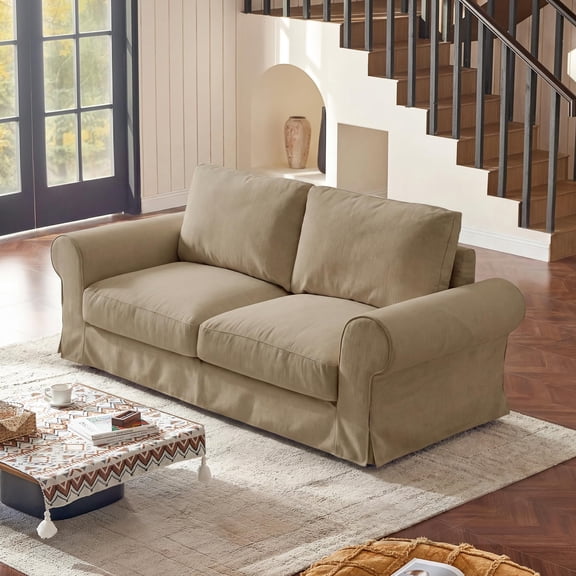 81.9" Oversized Loveseat Cloud Couch with Deep Wide Seat Farmhouse Slipcovered Sofa Washable Fabric Rolled Arms for Living Room Khaki