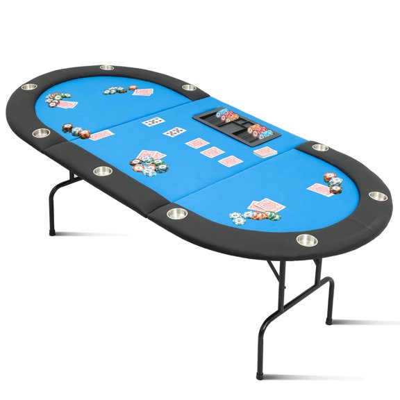 81" 9-Player Foldable Poker Table, Texas Hold'em Blackjack Table, Blue, Steel Legs & Deep Cup Holders