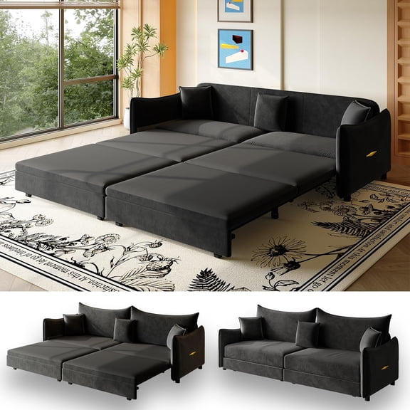 81.9'' Pull Out Couch King Size, 3-in-1 Convertible Couches, Modern Sleeper Sofa Bed, Comfy Velvet Futon Sofa Bed, Cloud Loveseat, 3 Pillows, for Small Spaces, Living Room, Apartment, Black