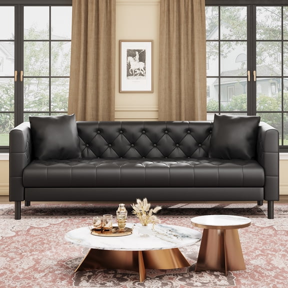 81" Button-Tufted PU Leather Chesterfield Sofa - 3-Seater Deep Seat Couch with Wooden Frame for Home Apartment