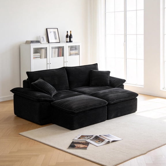 Saxum Tegmen 81'' Chaise Lounge Chair Indoor, Oversized Corduroy Upholstered Boneless Sofa Couch, Cloud-Like Loveseat Sofa Bed with 2 Ottomans for Living Room and Bedroom (Black)