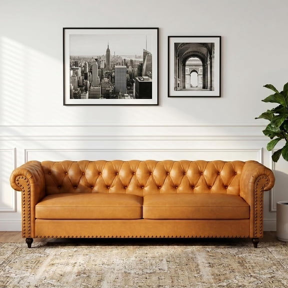 81" Chesterfield Faux Leather Sofa, Rolled Arm 3 Seater Couch, Button Tufted Back, Nailhead Trim, Individual Cushions, Solid Wood Legs for Living Room, Office, Apartment