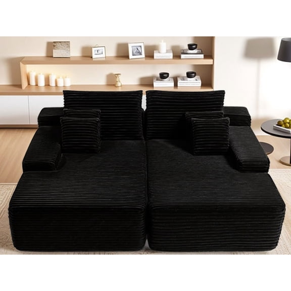 81" Cloud Sectional Couch, L-Shape + R-Shape Chaise with Deep Seat, 2-Seater Modern Sofa, Plush Fabric, Black, for Living Room