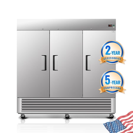 81" Commercial Expandable Upright Freezer, 3-Door Stainless Steel, 72 Cu.Ft., Adjustable Shelves, Auto Defrost, Digital Thermostat, LED Lighting