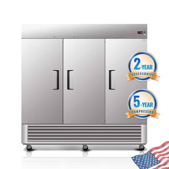 81" Commercial Expandable Upright Refrigerator, 3-Door Stainless Steel, 72 Cu.Ft., Adjustable Shelves, Auto Defrost, Digital Thermostat, LED Lighting