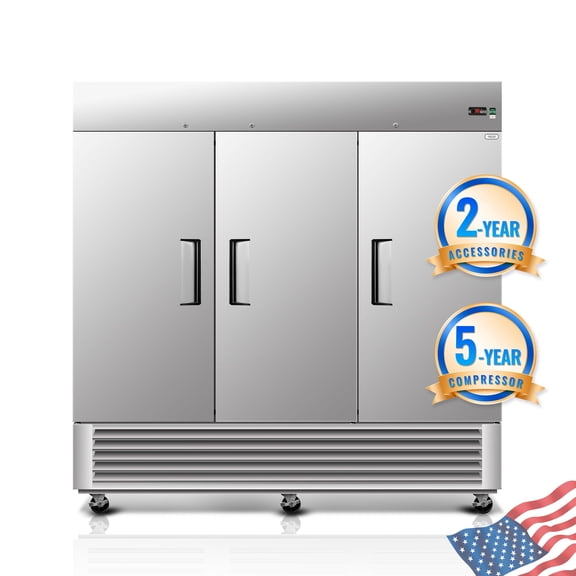 81" Commercial Expandable Upright Refrigerator, 3-Door Stainless Steel, 72 Cu.Ft., Adjustable Shelves, Auto Defrost, Digital Thermostat, LED Lighting