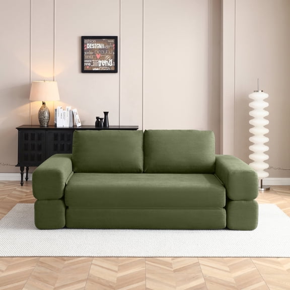 81'' Convertible Sofa Bed 3 In 1 Folding Floor Couch Corduroy Fold Out Couch Bed Pull-Out Sleeper Boneless Loveseat for Small Spaces,Green