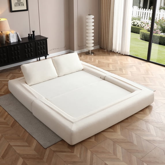 81" Convertible Sofa Bed, 3-in-1 Folding Floor Couch, Corduroy Fold Out Sleeper Futon Mattress with Pillows, Boneless Lounge Loveseat for Living Room, Beige