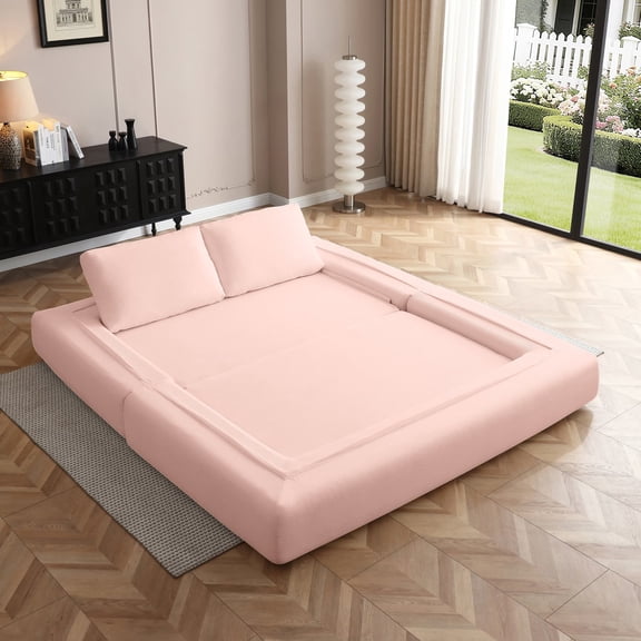 81" Convertible Sofa Bed, 3-in-1 Folding Floor Couch, Corduroy Fold Out Sleeper Futon Mattress with Pillows, Boneless Lounge Loveseat for Living Room, Pink