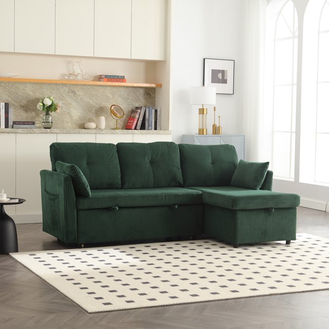 81'' Corduroy LShaped Convertible Sectional Pull Out Sofa Bed with
