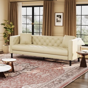 81" Couches for Living Room, Faux Leather Button-Tufted 3 Seater Sofa with 2 Pillows and Deep Seat, Mid Century Modern Upholstered Comfy Couch for Apartment, Office, White