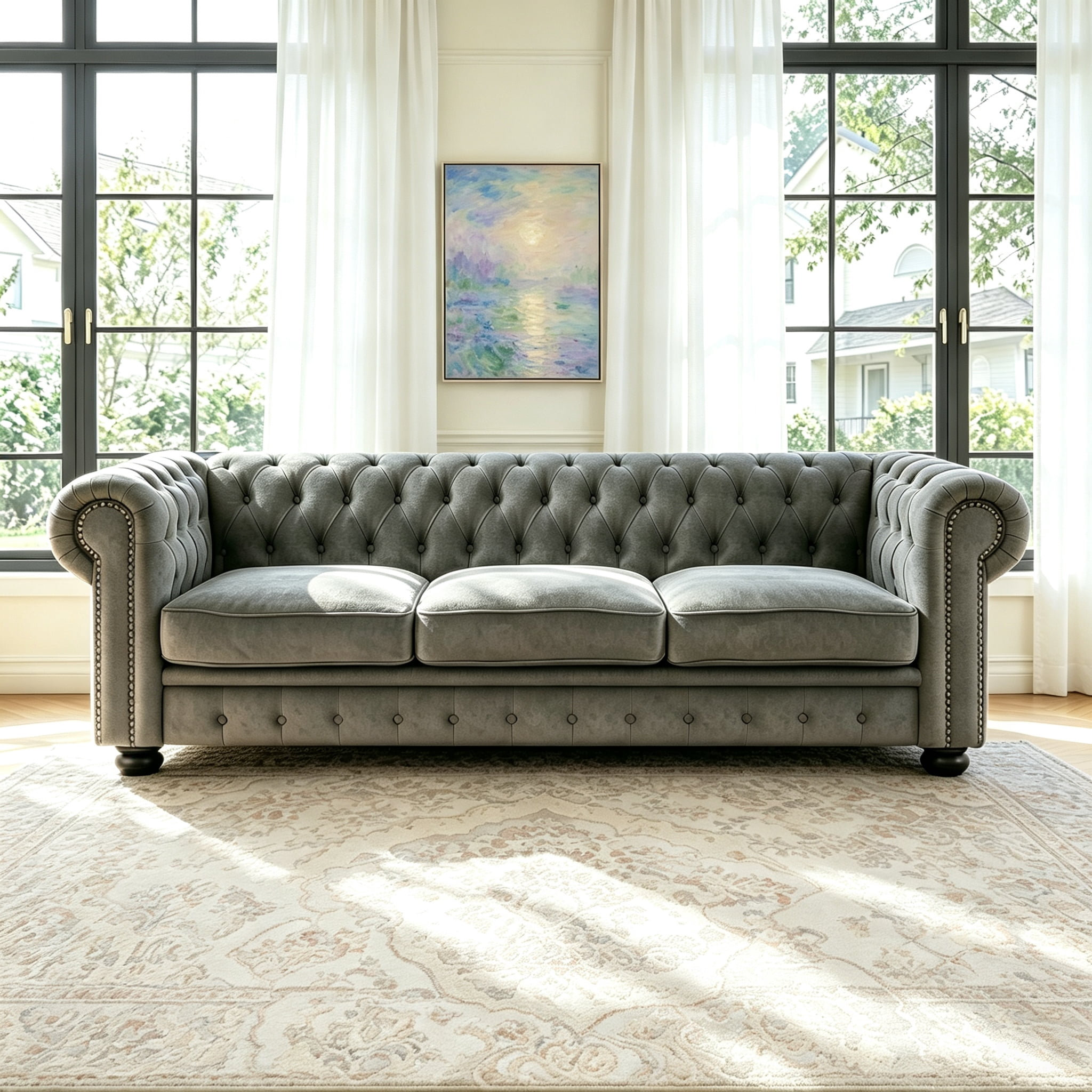 81" Dark Grey Chesterfield Faux Leather Sofa, Rolled Arm 3 Seater Couch, Button Tufted Back, Nailhead Trim, Individual Cushions, Solid Wood Legs for Living Room, Office, Apartment