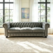 81" Dark Grey Chesterfield Faux Leather Sofa, Rolled Arm 3 Seater Couch, Button Tufted Back, Nailhead Trim, Individual Cushions, Solid Wood Legs for Living Room, Office, Apartment