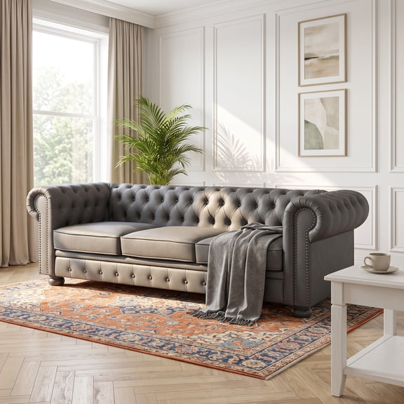 81" Dark Grey Chesterfield Faux Leather Sofa, Rolled Arm 3 Seater Couch, Button Tufted Back, Nailhead Trim, Individual Cushions, Solid Wood Legs for Living Room, Office, Apartment