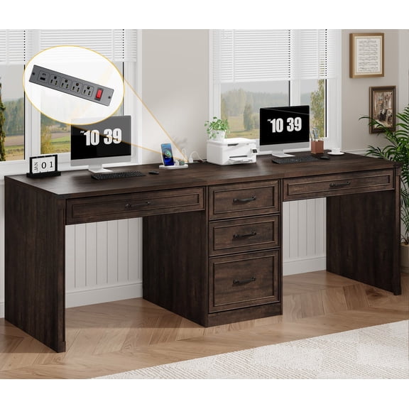 81" Double Computer Desk with Charging Station, Two-Person Desk with Drawers, Rustic Farmhouse Home Office Desk for Dual Workstations, Long Writing Desk for 2 People, Brown