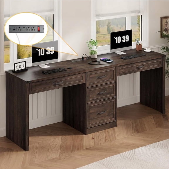 81" 2 Person Desk with File Cabinet & Charging Station, Farmhouse Double Computer Desk, Slim Space-Saving Double Desk with 4 Drawers for Home Office