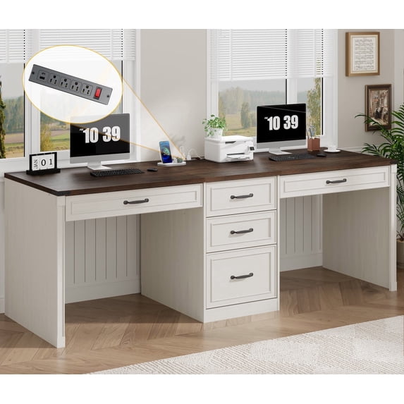 80.9" Two Person Desk with Charging Station & 5 Storage Drawers – Industrial Farmhouse Home Office Computer Desk