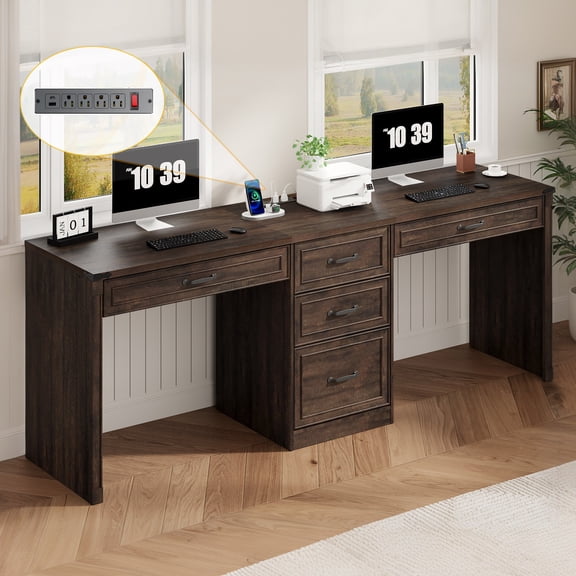 81" 2 Person Desk with 5 Drawers & Outlets, Farmhouse Home Office Desk for Two People with File Drawer, Extra Long Double Computer Desk for Two